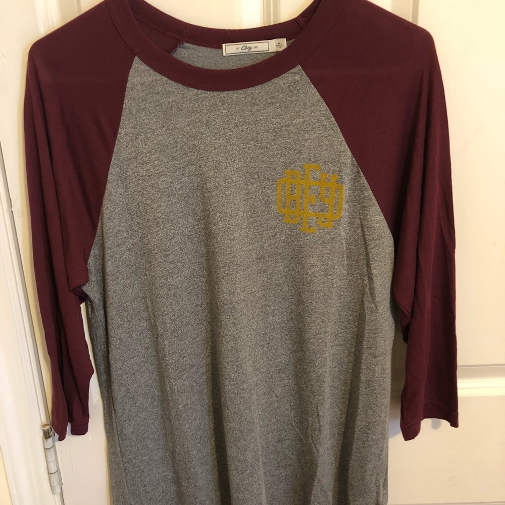 Maroon and gray obey 3/4 sleeve tee